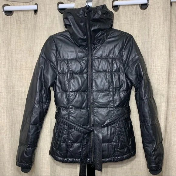 Danier Black Leather Puffer Jacket Sz XXS High Neck Bomber Quilted Winter Coat - Picture 16 of 16
